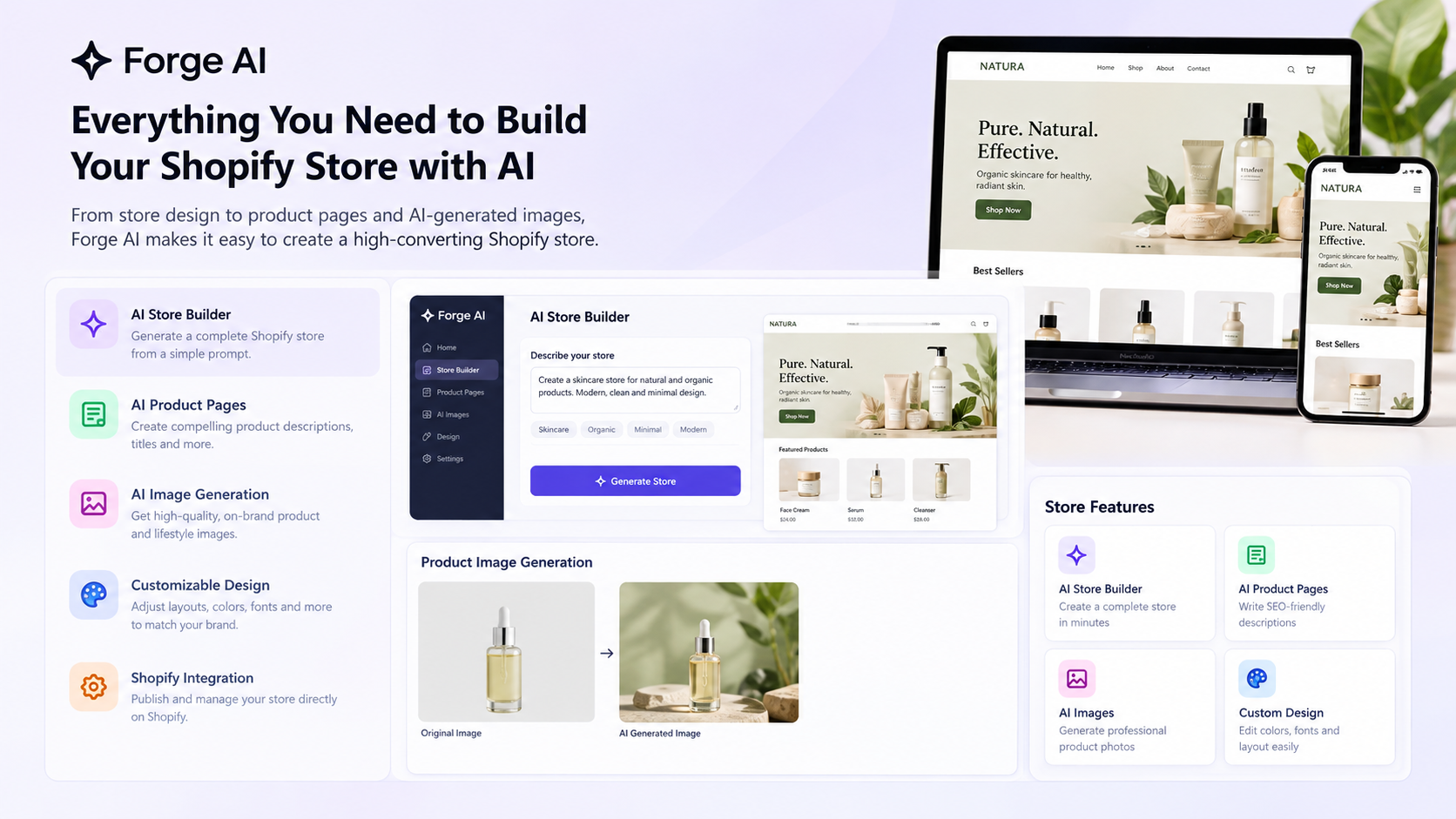 Forge AI Shopify store builder features and AI product image generation